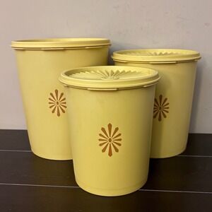 Vintage Tupperware Servalier 3pc Canister Set | Harvest Yellow Sunburst